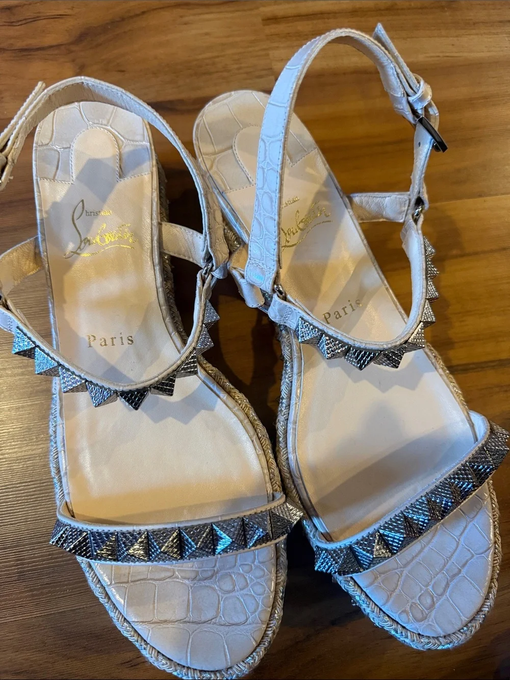 Christian Louboutin Beige Embellished Pyramid-Stud Platform Sandal size 40